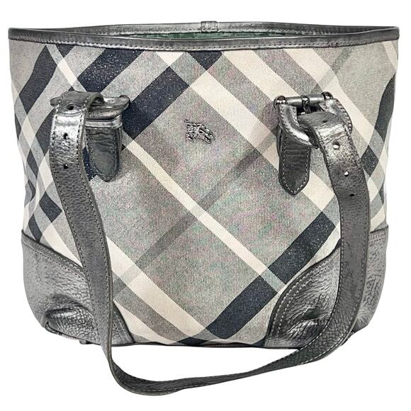 Burberry Handbags - Burberry Super Nova Shimmer Check Tote Bag Canvas Leather Trim Open Top Pockets